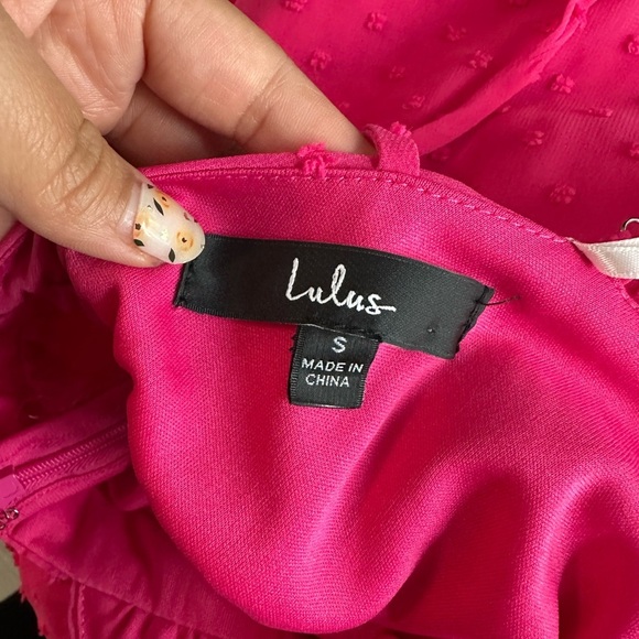 Lulus Tiers and Applause Hot Pink Swiss Dot Tie-Back Tiered Midi Dress Sz S - Picture 5 of 13